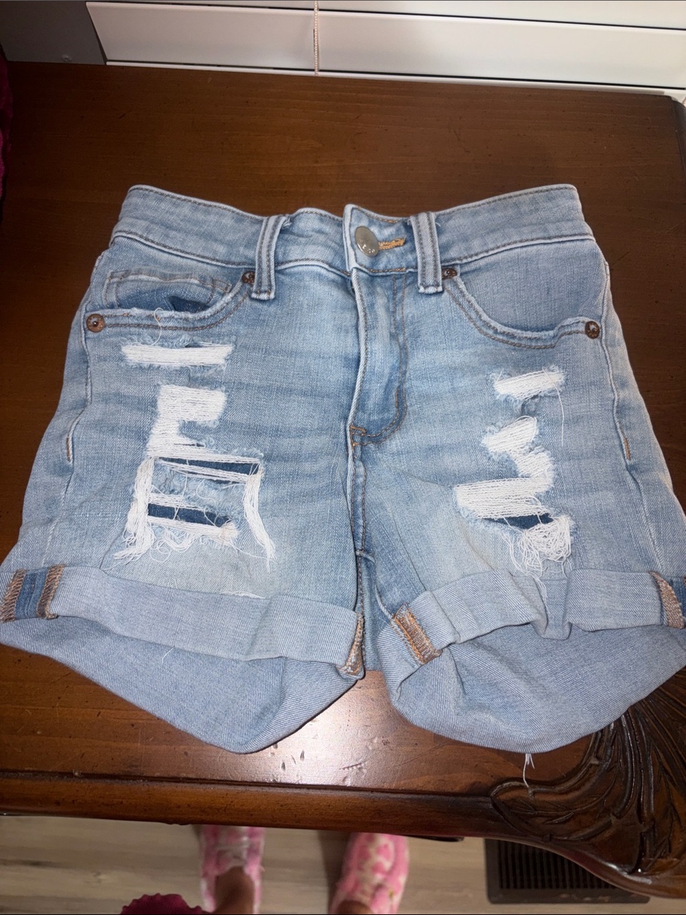 Light Wash Distressed Denim Roll-Cuff Women’s Shorts